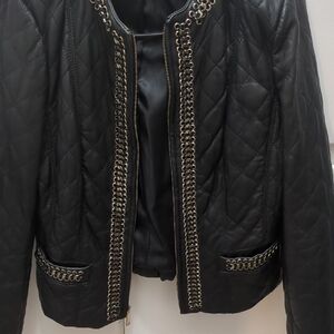 Neiman Marcus Black Quilted Leather Jacket with Chain Detail
